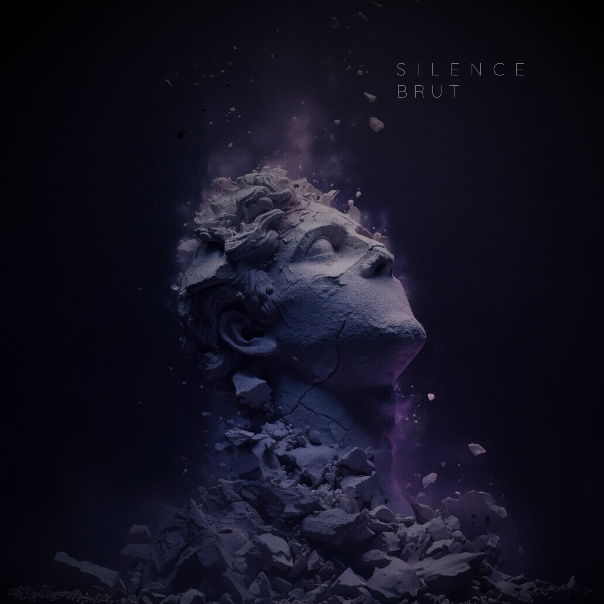 Sculpture fragmentée avec lumière violette traversante illustrant le projet silence brut et la vibration du silence à travers la matière