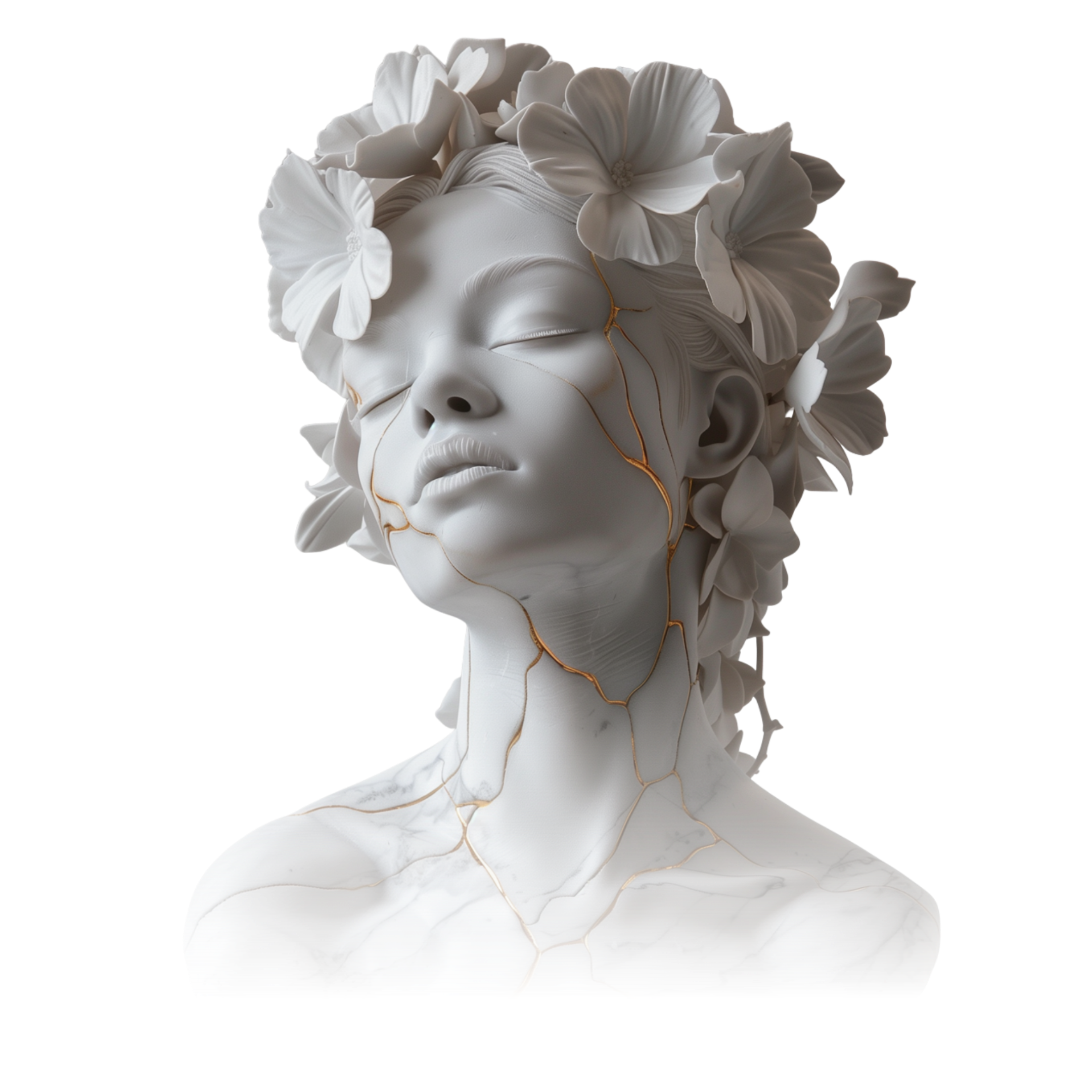 Buste féminin en marbre avec fissures dorées style kintsugi et fleurs