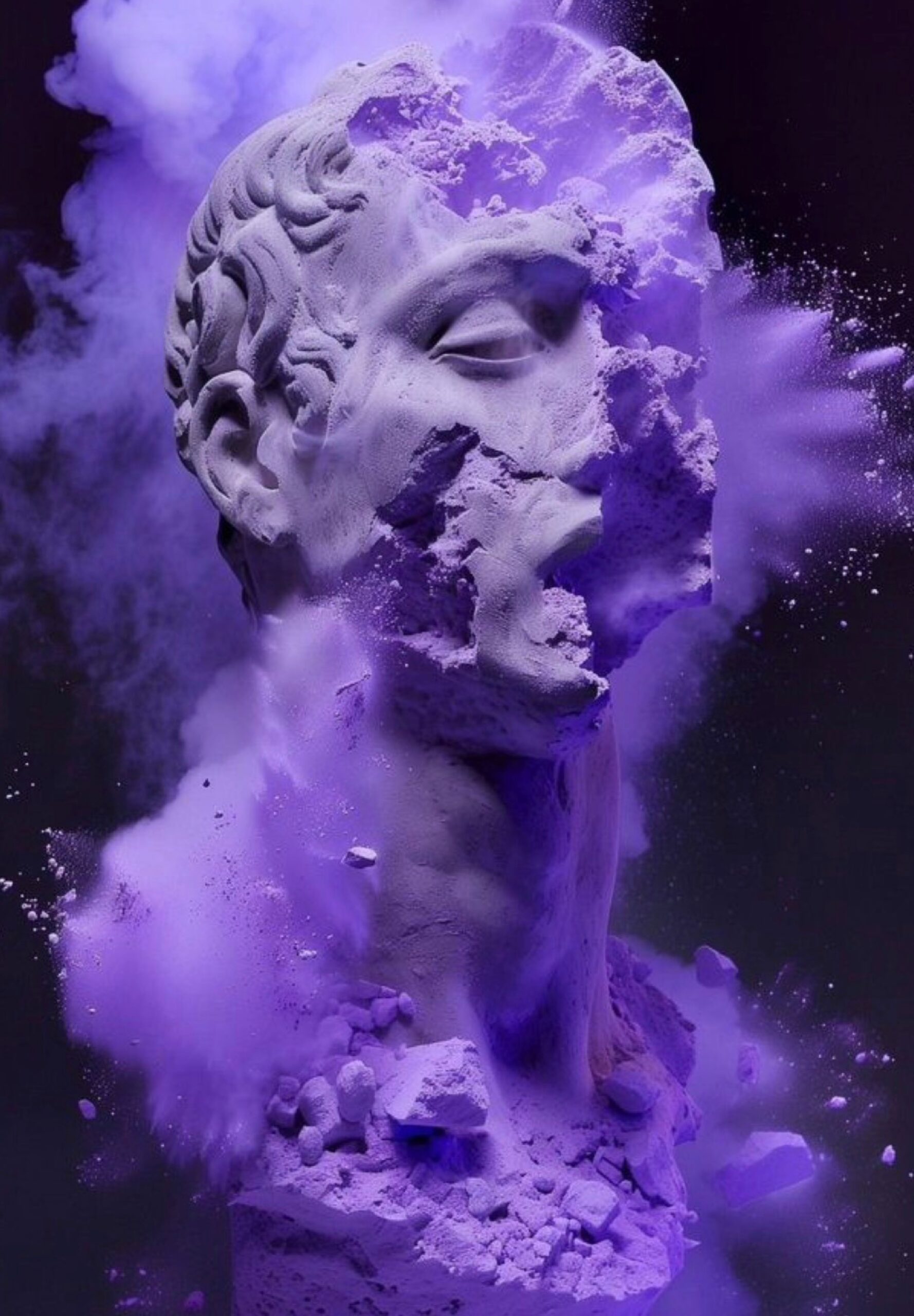 Sculpture classique qui explose en poudre violette création visuelle artistique